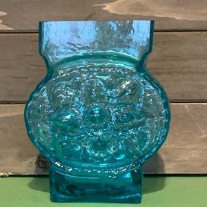 Sea Glasbruk Kosta Sweden Blue Texturized Blue Teal Wavy Art Glass Vase MCM